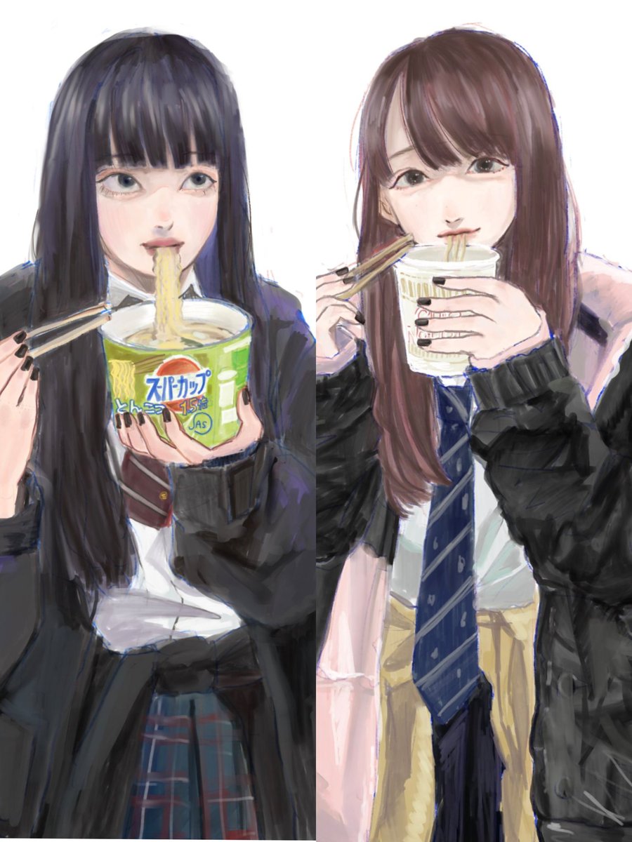 2girls multiple girls noodles necktie eating chopsticks black nails  illustration images