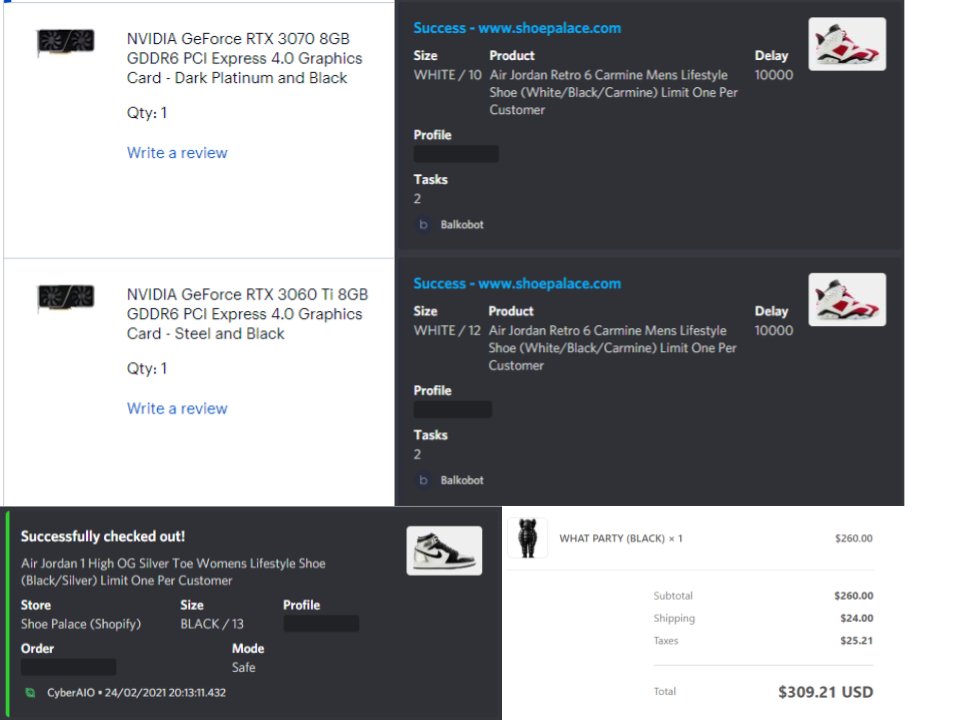 some random stuff from the past week outside the regular releases. 1200+ profit in a couple days :) 

S/O <a href="/Cybersole/">Cybersole</a> @cyberaiosuccess <a href="/balkobot/">balkobot</a>  

&amp;ofc <a href="/CookDojo/">Cook Dojo</a> for monitors :)