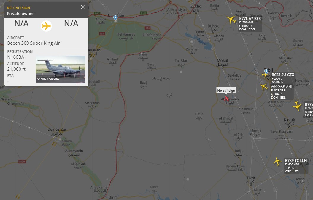 no_itsmyturn's tweet photo. 2351Z
US Army ๐บ๐ธ
Beechcraft 300LW
#N166BA | #A10812
Tracking S of Mosul
#Iraq ๐ฎ๐ถ https://t.co/CBCt0E6s4G
