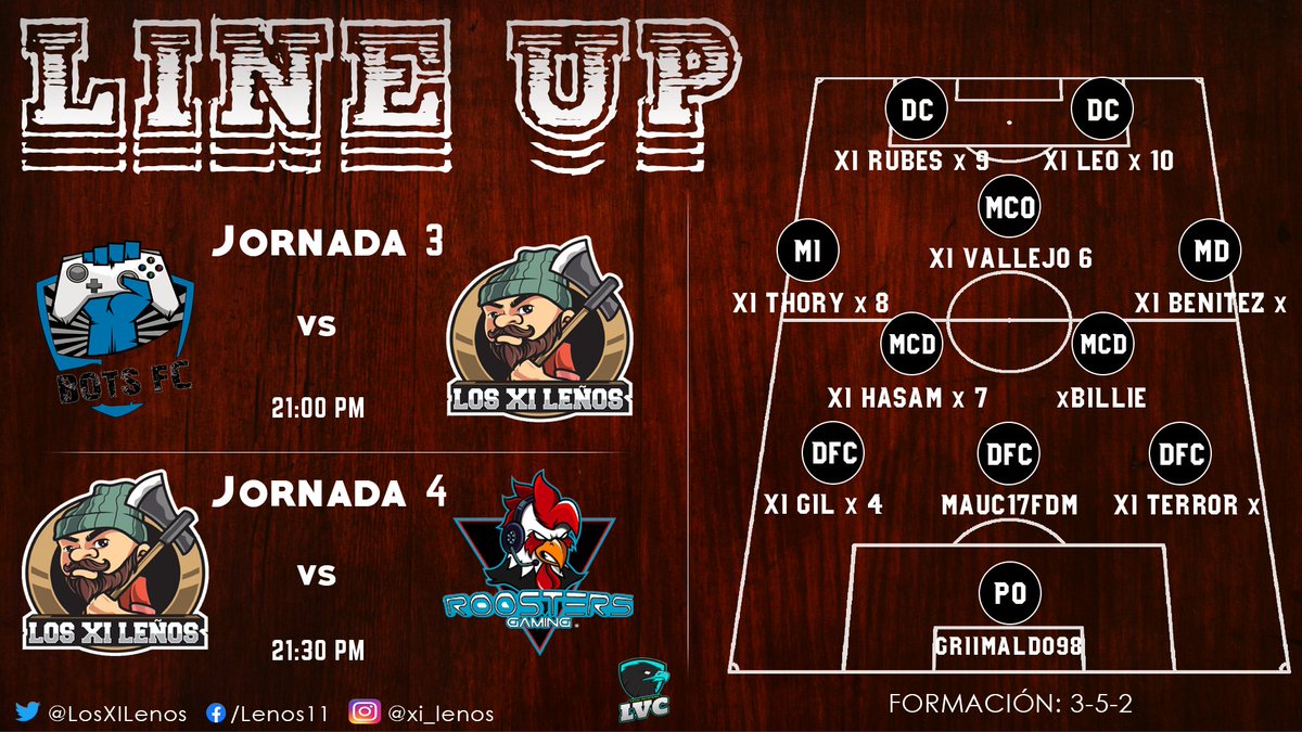LosXILenos's tweet photo. XI Inicial de hoy para las jornadas 3 y 4 de la @LvcXbox.

⚽️@BotsFutbol  vs XI Leños - 21:00 PM (MX)
⚽️XI Leños vs @GamingRoosters  - 21:30 PM (MX)

📺https://t.co/ShDMOg5Saa https://t.co/JGktabpeq4