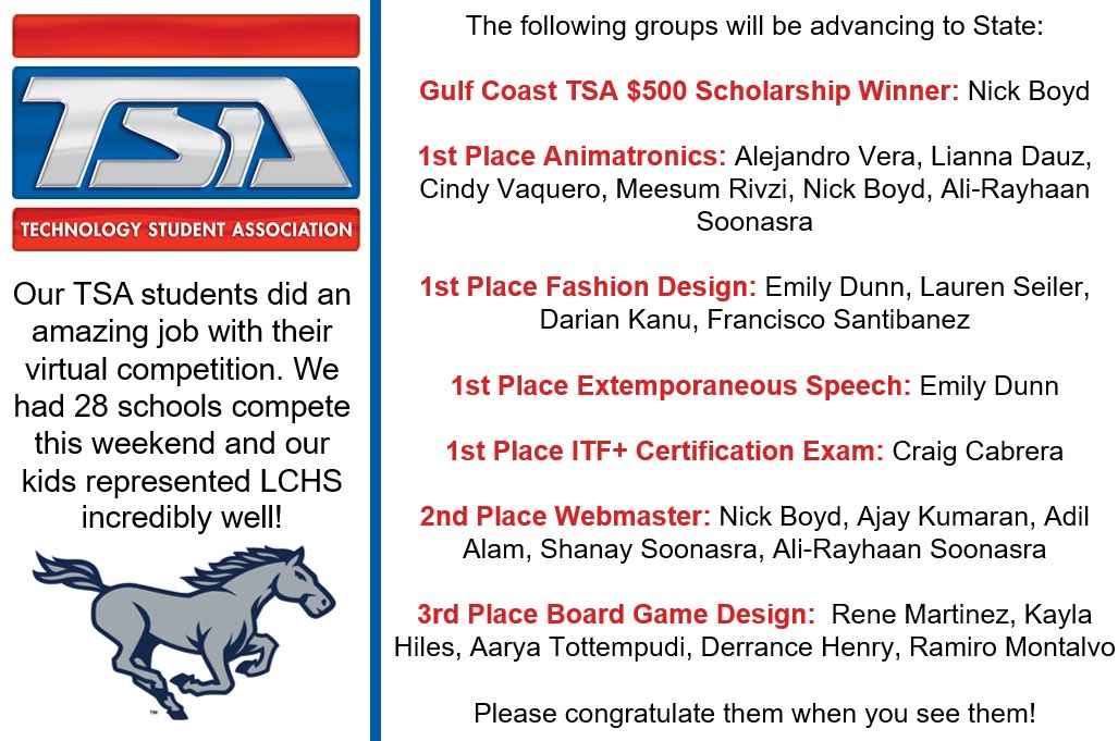 Congrats to our TSA Mustangs who are advancing to State. Way to go! #BlueStampede 💙🐴⭐️🏅