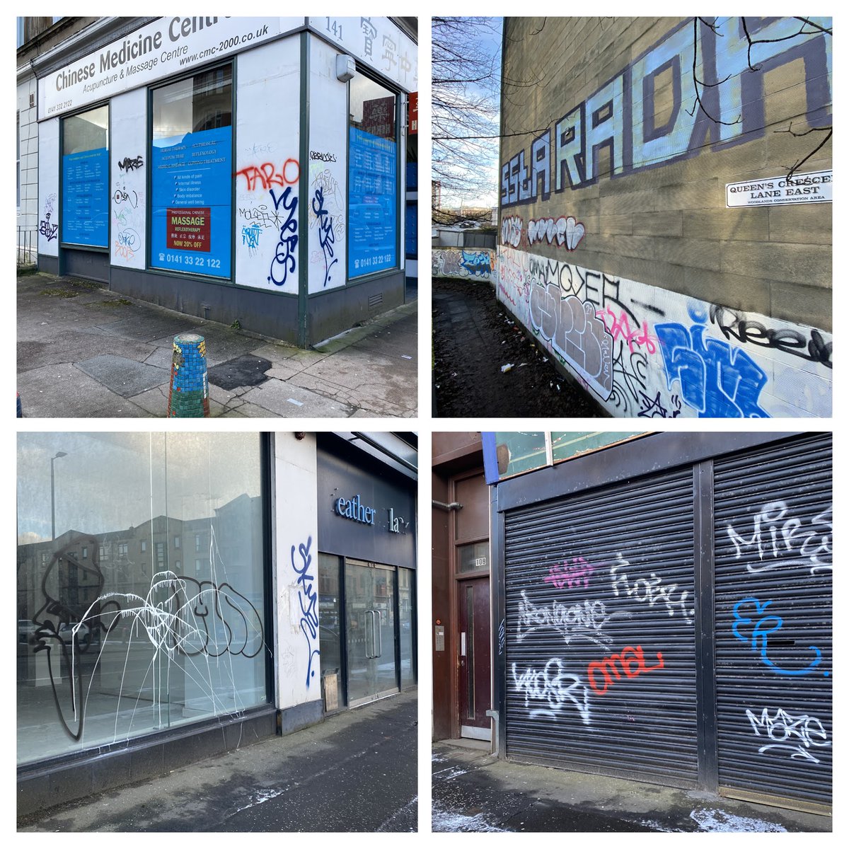 AgainstGraffiti's tweet photo. The graffiti problem in Glasgow was already bad pre-Covid, but it is now totally out of control. This is a small section from St Georges Cross to Montague Street – Approx 500 yards. @SusaninLangside This is an embarrassment and blight on the city @scotgov Where is the deterrent? https://t.co/gQ0VsFZYOx