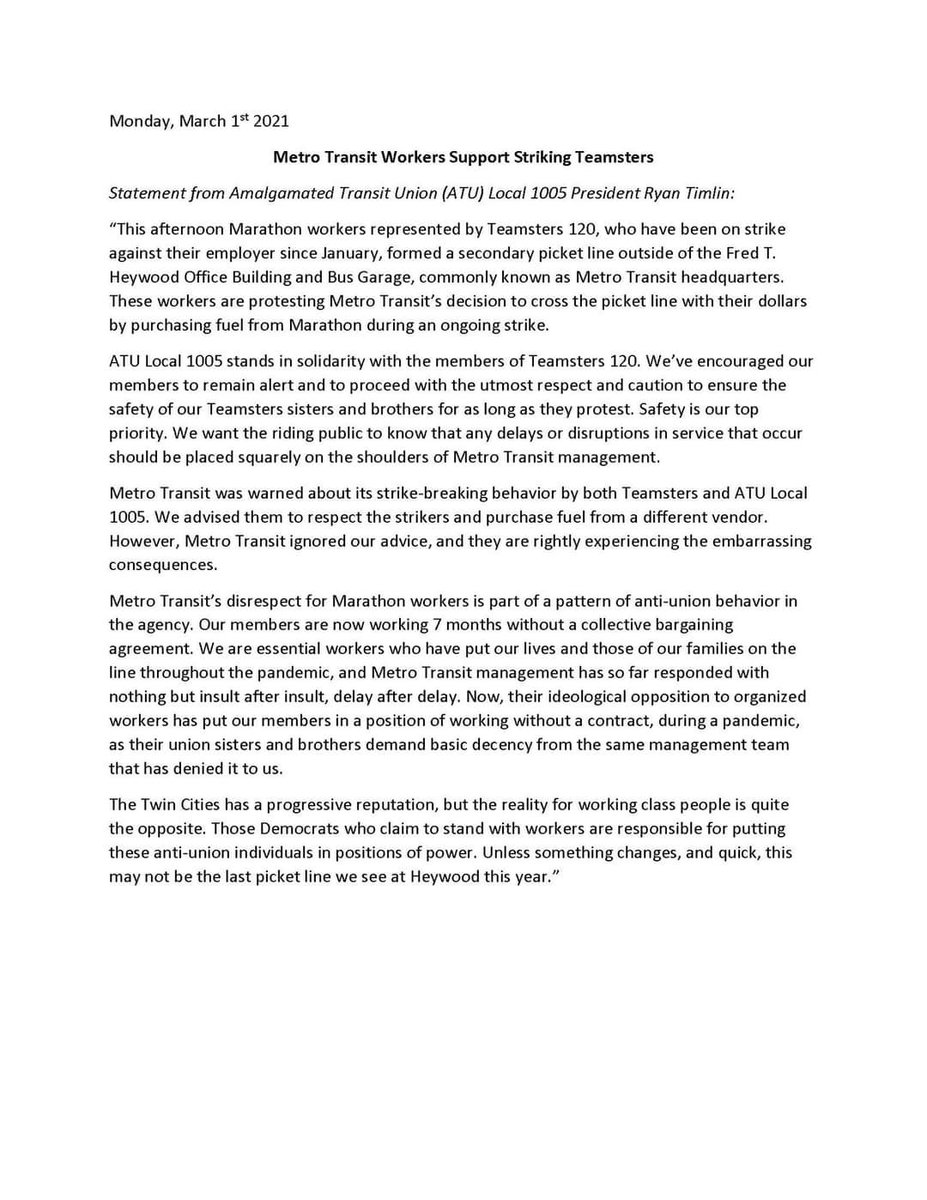 Statement from President Ryan Timlin regarding Teamster 120 picketing.