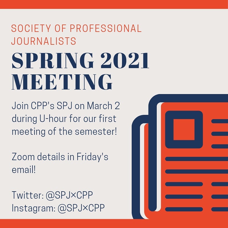 SPJxCPP's tweet image. Hey SPJ! Don't forget our first meeting is tomorrow at noon! We look forward to seeing you then!
Zoom details were sent in Friday's email. If you didn't get it, send us your email to get added to the mailing list and forward you tomorrow's meeting info!