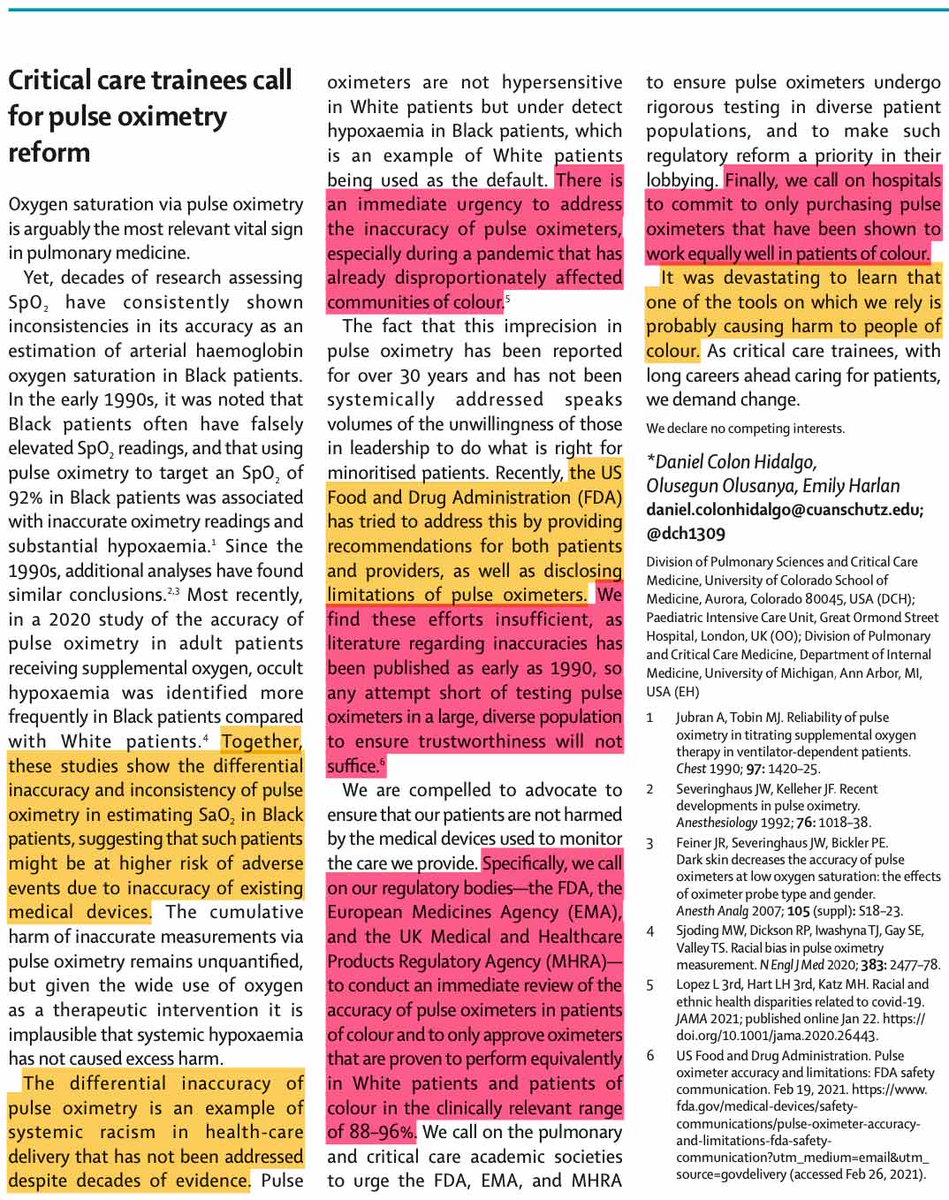 Inaccurate pulse oximetry in Black patients is an emergency, particularly in a COVID pandemic.  Research is needed to unequivocally define the performance of modern oximeters.  Hospitals should commit to only buying oximeters validated in people of color.
bit.ly/3q6Qf32