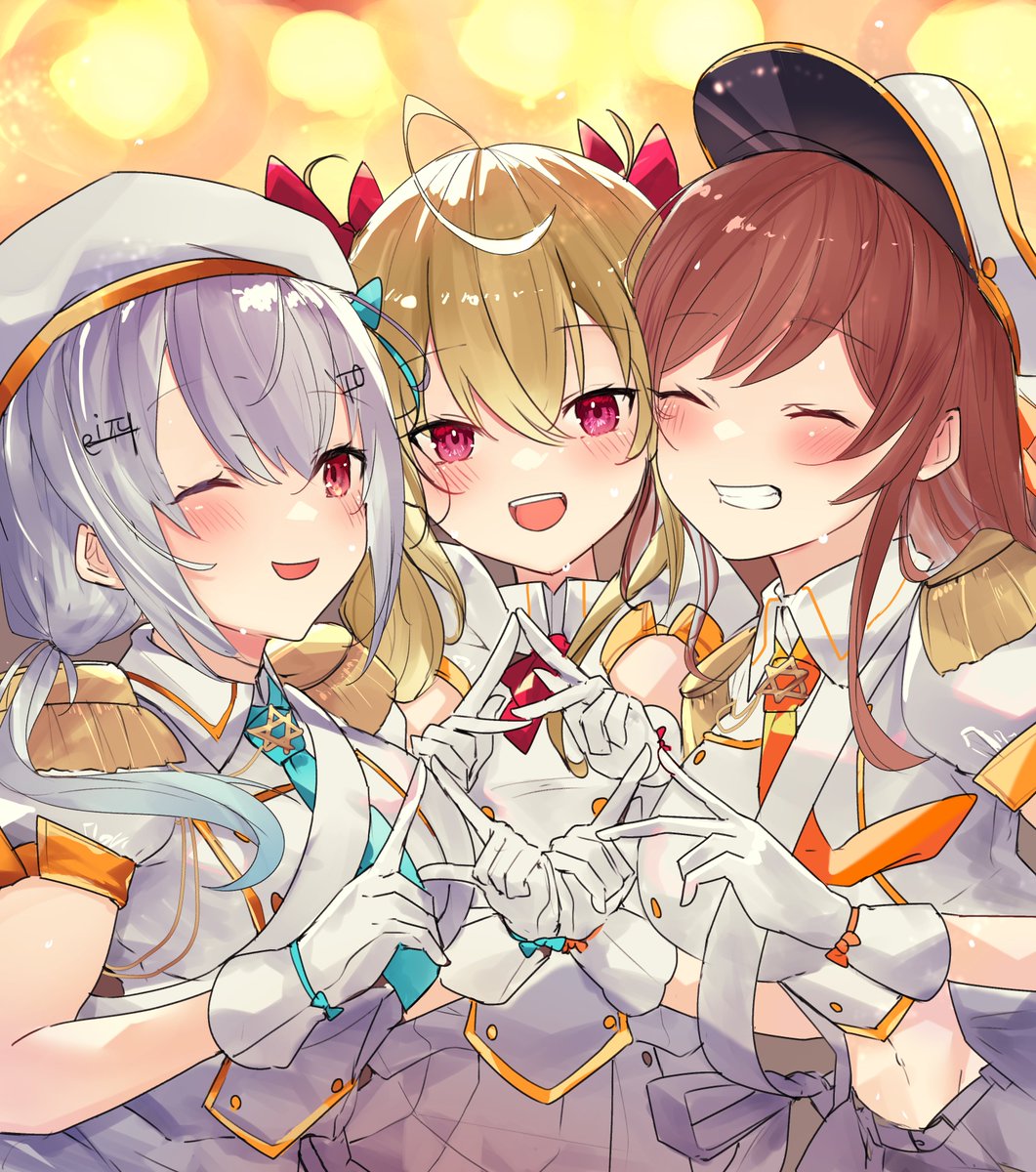 takamiya rion 3girls multiple girls smile gloves blonde hair twintails one eye closed  illustration images