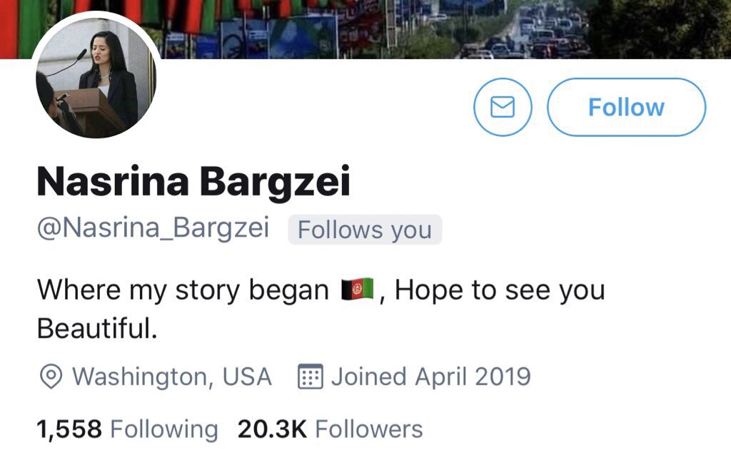 AfghanDemocrats's tweet photo. Fake account with over 20K followers made for Nasrina Bargzei, Associate Legal Counsel to @VP Kamala Harris. Please report it. @TwitterSupport https://t.co/WLC56rXt1G
