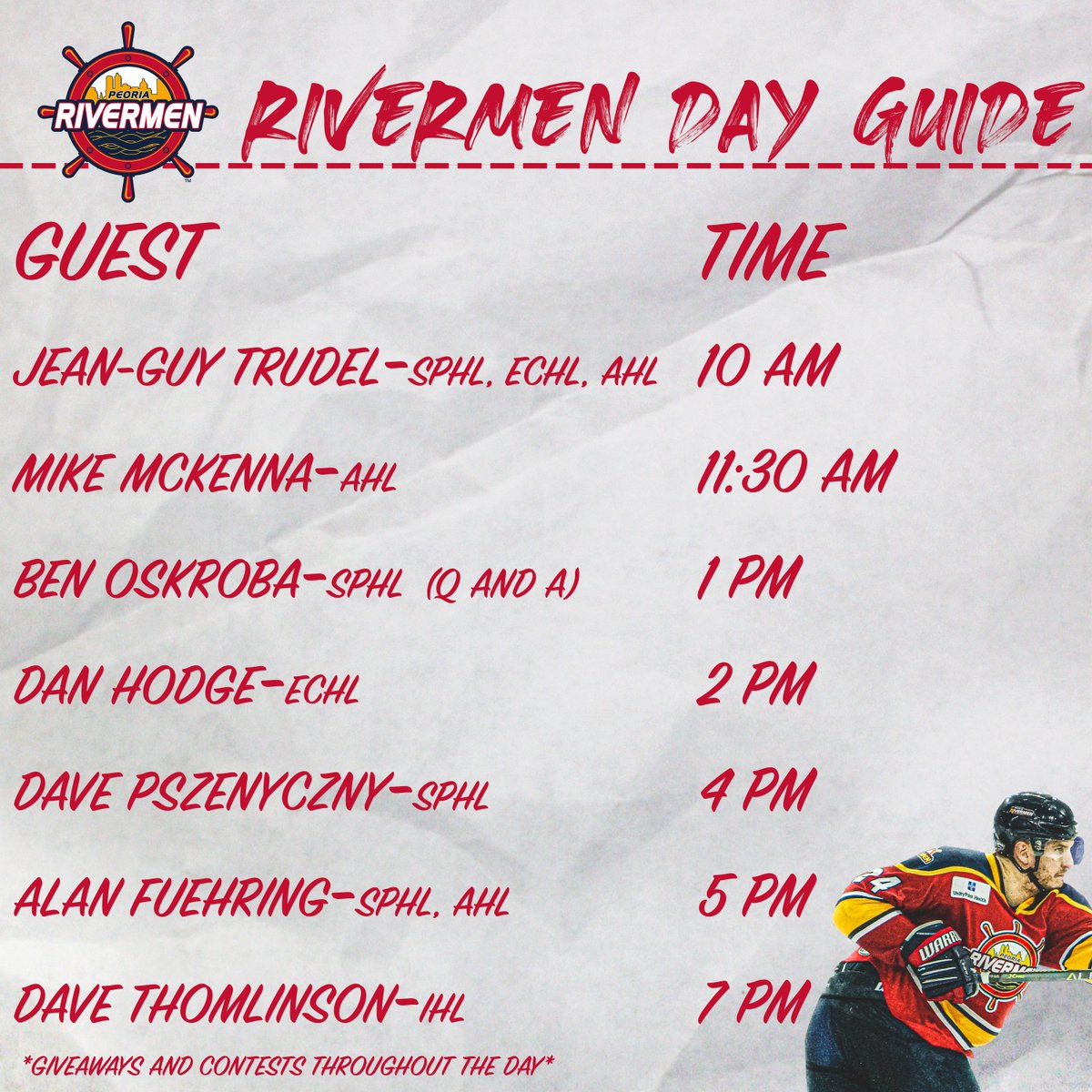Peoria_Rivermen's tweet photo. #RivermenDay IS FINALLY HERE!!!! 🎉 
Check out our schedule for today 👇. We're kicking things off with Head Coach Jean-Guy Trudel. While we're at it, who wants a FREE AUTOGRAPHED JERSEY? 
RETWEET FOR YOUR CHANCE TO WIN!
Trudel Rivermen Day 📺 : https://t.co/Vi8SSs5zJX https://t.co/4nWtL81Sx5