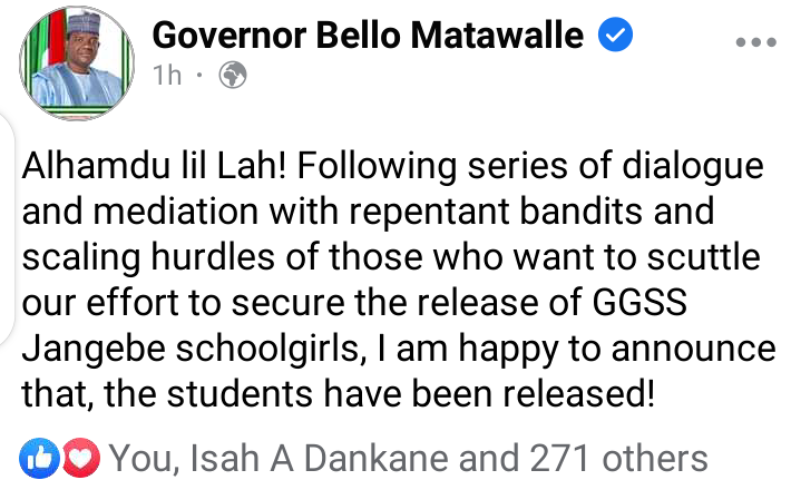 Abdul_BG_Tsafe's tweet photo. JUST IN: The GGSS Jangebe Schoolgirls have just been released by their abductors!
Alhamdulillah Alhamdulillah Alhamdulillah. 
Thank you Gov. @Bellomatawalle1 🙏🙏
@suleanka01
@zailanbappa @Ibellozauma @AbdulwaliTahir @ibg_ibrahim @Ubaidullahkaura @BashirAhmaad @bbchausa https://t.co/PKpXJBUbYL