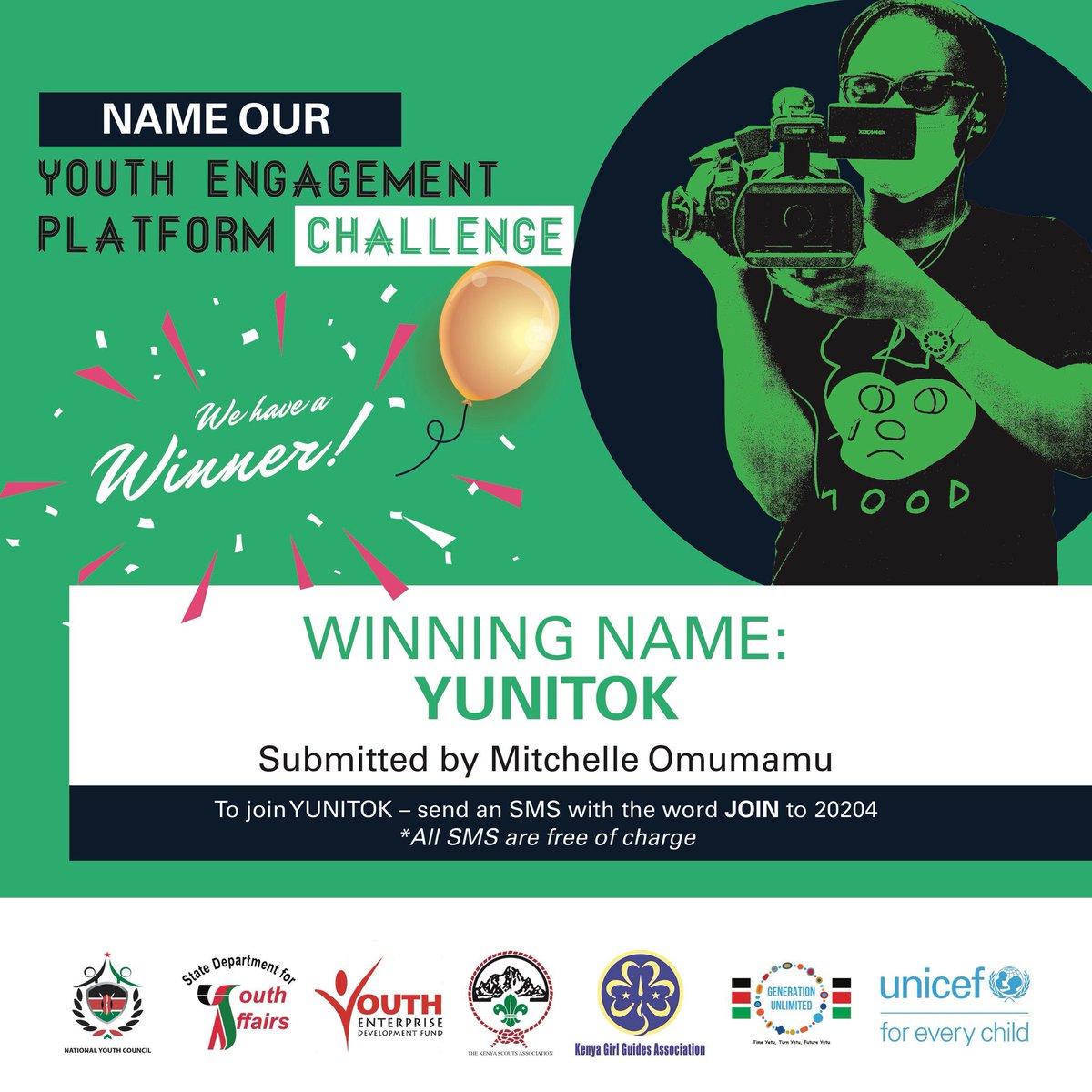 rochieng's tweet photo. We celebrate Michelle Omumamu who won the naming of the youth engagement platform challenge powered by @UNICEFKenya . Soon the conversation is beginning big for the voice of the youth to count through #YUNITOK To join text JOIN to 20204 https://t.co/ZGn4XRSJUC