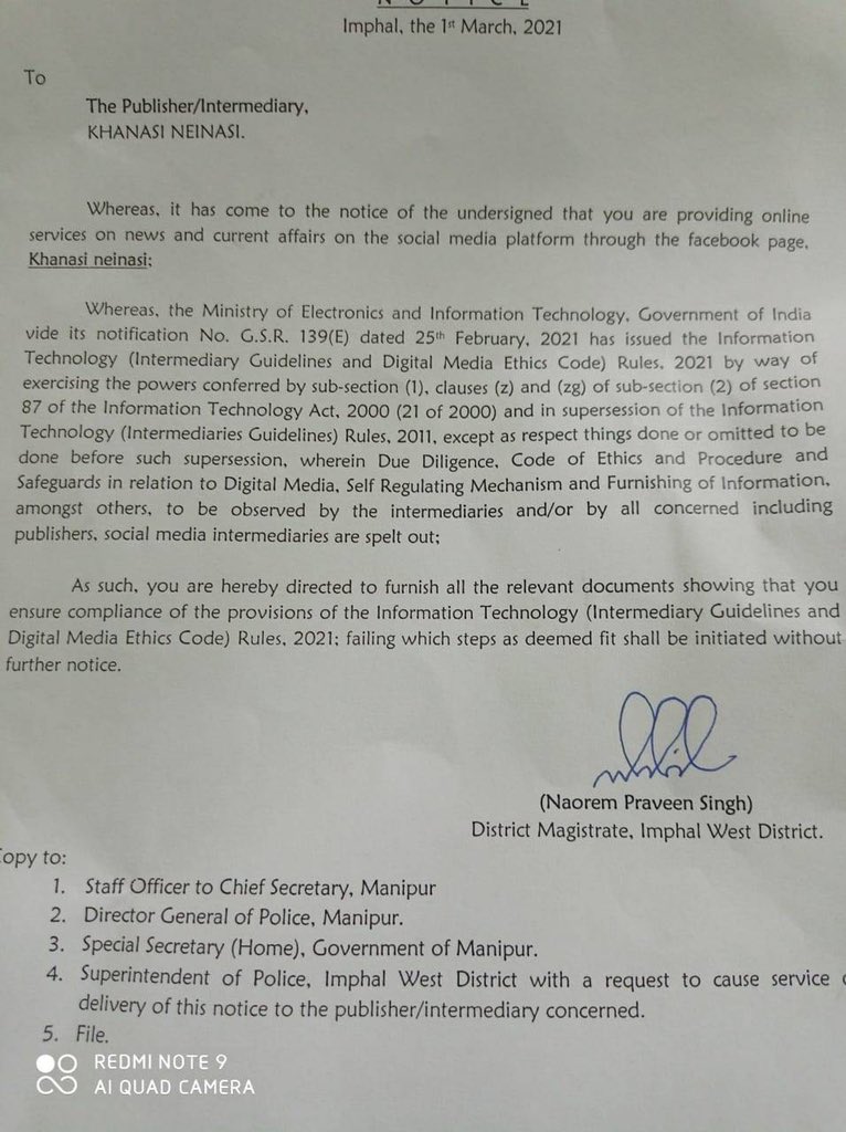 svaradarajan's tweet photo. The assault on media freedom has started. A horde of cops delivered this notice today demanding compliance with new IT rules at the home a  Manipur journalist. That is why The Wire’s editorial called this a mala fide attempt to ‘regulate’ digital media. https://t.co/l1Bw950W9b https://t.co/XHbVaanFDi