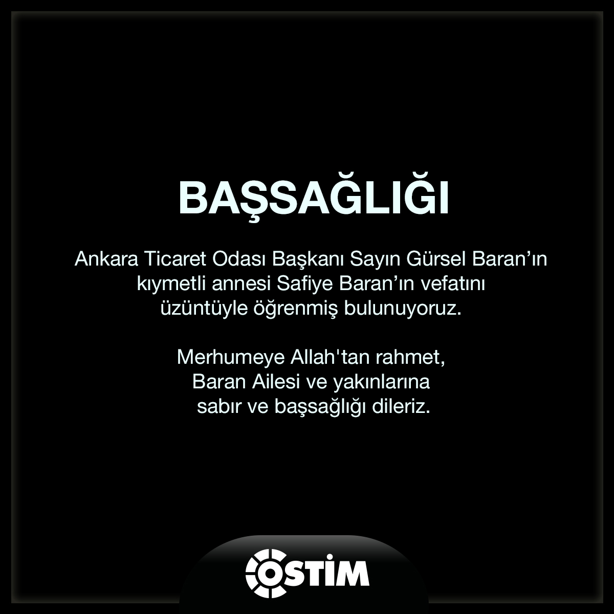 Ostim OSB (@ostimosb) on Twitter photo Ankara Ticaret Odası Başkanı Sayın <a href="/GurselBaran/">Gürsel Baran</a>’ın kıymetli annesi Safiye Baran’ın vefatını üzüntüyle öğrenmiş bulunuyoruz. Merhumeye Allah'tan rahmet, Baran Ailesi ve yakınlarına sabır ve başsağlığı dileriz.
#OSTİM <a href="/ATOkurumsal/">Ankara Ticaret Odası</a> Ankara Ticaret Odası Başkanı Sayın <a href="/GurselBaran/">Gürsel Baran</a>’ın kıymetli annesi Safiye Baran’ın vefatını üzüntüyle öğrenmiş bulunuyoruz. Merhumeye Allah'tan rahmet, Baran Ailesi ve yakınlarına sabır ve başsağlığı dileriz.
#OSTİM <a href="/ATOkurumsal/">Ankara Ticaret Odası</a>