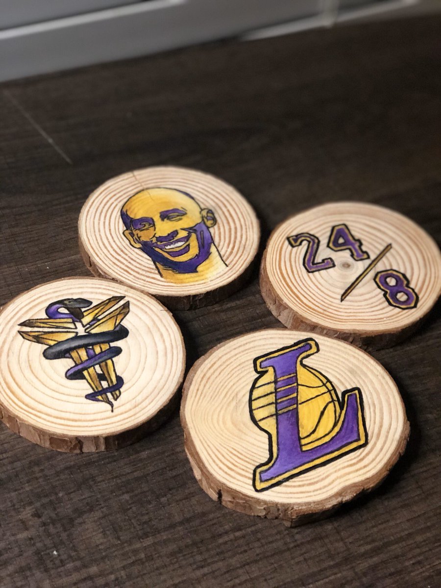 ke_netic's tweet photo. RIP Kobe Bryant 💜💛💔

I only have one more set of these wooden Kobe coasters left. Dm to purchase or to preorder a set for the next round ✨ https://t.co/wbJmGN59Dl