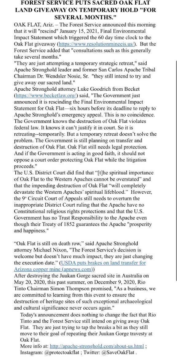 ⚡️ BREAKING ⚡️ Forest Service puts sacred Oak Flat land giveaway on temporary hold “for several months.”
