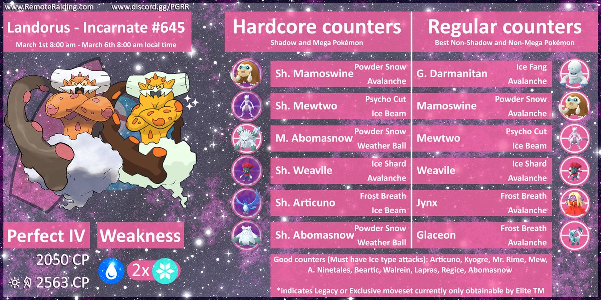 PGRRDiscord's tweet photo. Landorus is back again! Check out our infographic so you can make your best team! 🙌💪🏻👊 #pgrr #PoGO #raid #pokemongo #pogoraid https://t.co/o4Geu7De1f
