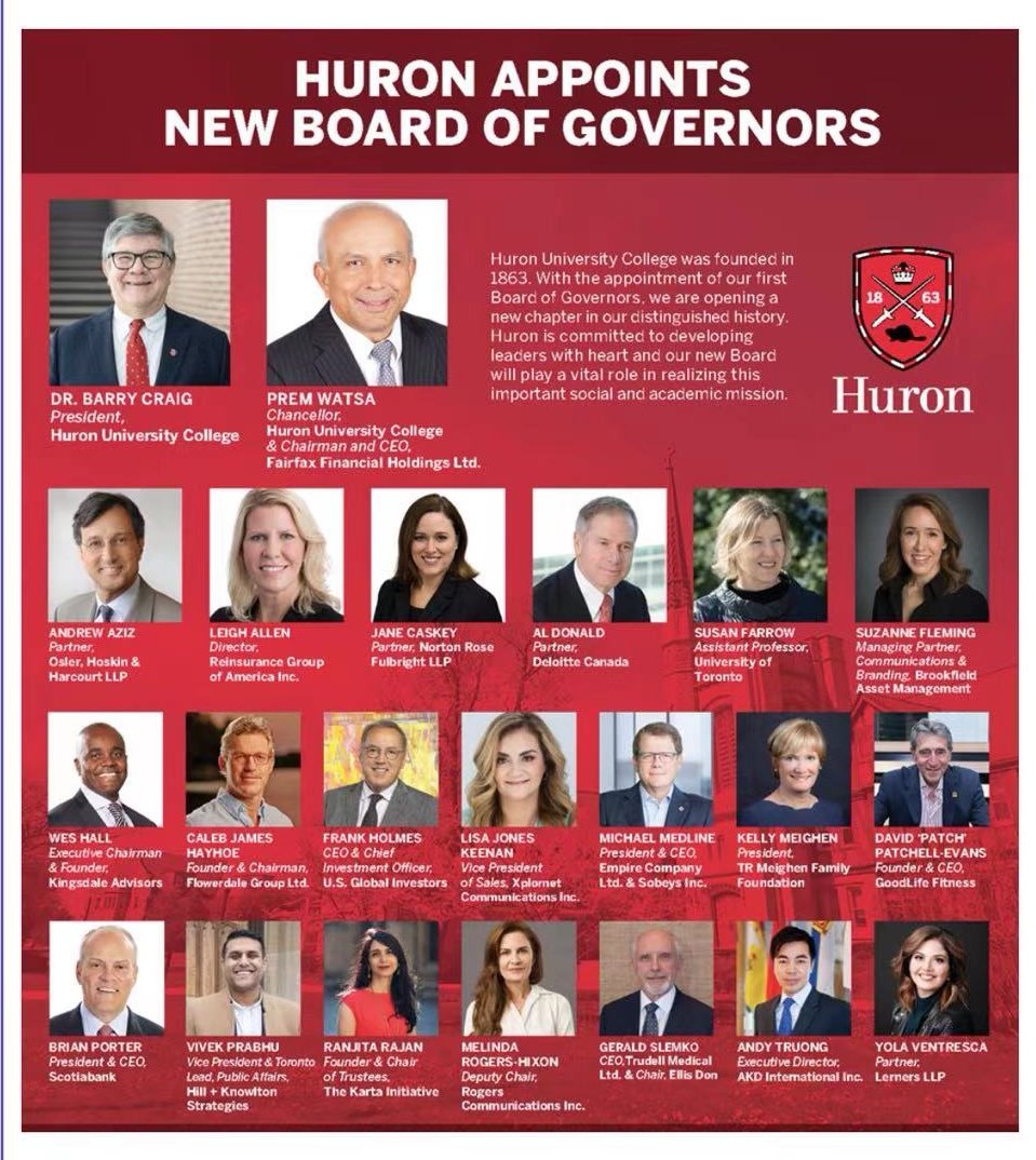非常荣幸能被Huron大学选进理事会！Great honour to join this distinguished group of leaders to continue to advance our Huron's Leaders with Heart educational philosophy. Special thanks to a wonderful president,  Dr. Barry Craig for his vision. #Huron #Leaders with Heart