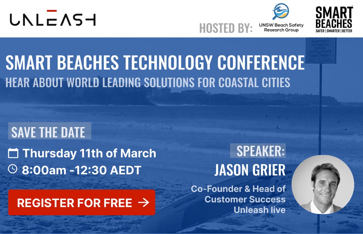 unleashlive's tweet photo. Join our Co-Founder Jason Grier at the Beach Safety Technology Conference by @UNSW_BSRG 🏊🏻 

Register for free 👉🏻https://t.co/69rhoo2yPp

@lakemac #smartbeaches #AI #computervision #realtimedata #nswgovernment #smartbeaches https://t.co/zvdsnleCIP