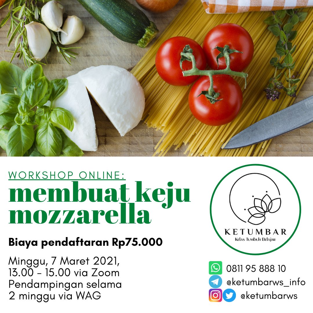 ketumbarws's tweet photo. Workshop online: Membuat Keju Mozzarella

Biaya pendaftaran Rp75.000

Minggu, 7 Maret 2021 jam 13.00 - 15.00 via Zoom
Masa pendampingan 2 minggu via WAG

#workshoponline #kelasonline #pelatihanonline #kelasmemasak #kelasmemasakonline #masakmasak #kejumozzarella https://t.co/pEn7Qt8dnz