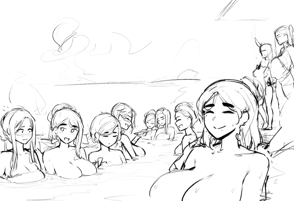_roresu's tweet photo. Wip of a group onsen trip with ALL of my OCs (2 not drawn yet) https://t.co/TZVzAjEd5Q