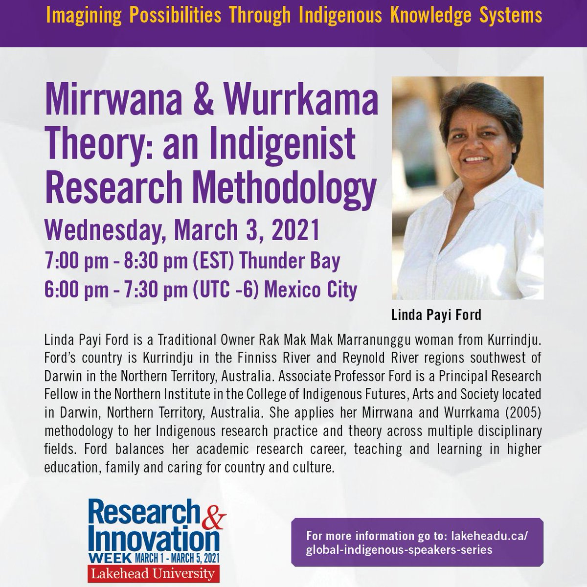 cdu_ni's tweet image. NI's Assoc Prof Linda Payi Ford, on the invitation of Denise Baxter, Vice-Provost Indigenous Initiatives Lakehead University 🇨🇦 is presenting for their 'Global Indigenous Speakers Series' this Thursday 4 March 9.30am (ACST). To join👉🏾bit.ly/3dWa6zC

#CDUresearch
