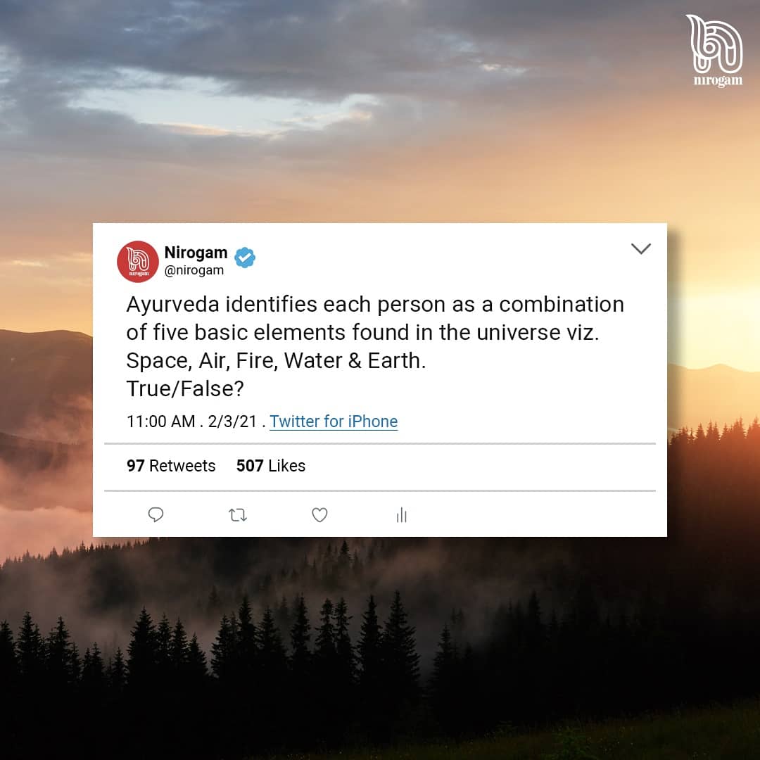 Nirogam's tweet photo. All five elements of the Universe are present in the human body too.  This what establishes the deep connection that each body has with the Universe.  This is why changes in the Universe affect every human body.
.
.
.
#doshas #lifeforces #diseasefree #natural #Ayurveda #nirogam https://t.co/Mpqd2FaLwO