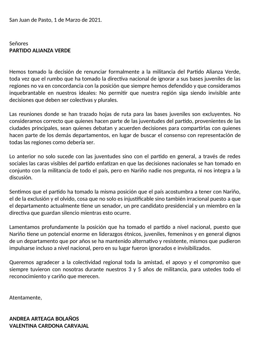 AndreaArtehaga1's tweet photo. Hemos tomado la decisión de renunciar a la militancia del Partido Alianza Verde. 
A nuestra regional @AlianzaVerdeNar todo nuestra gratitud y cariño siempre 💚. https://t.co/D9fiCa21Qw