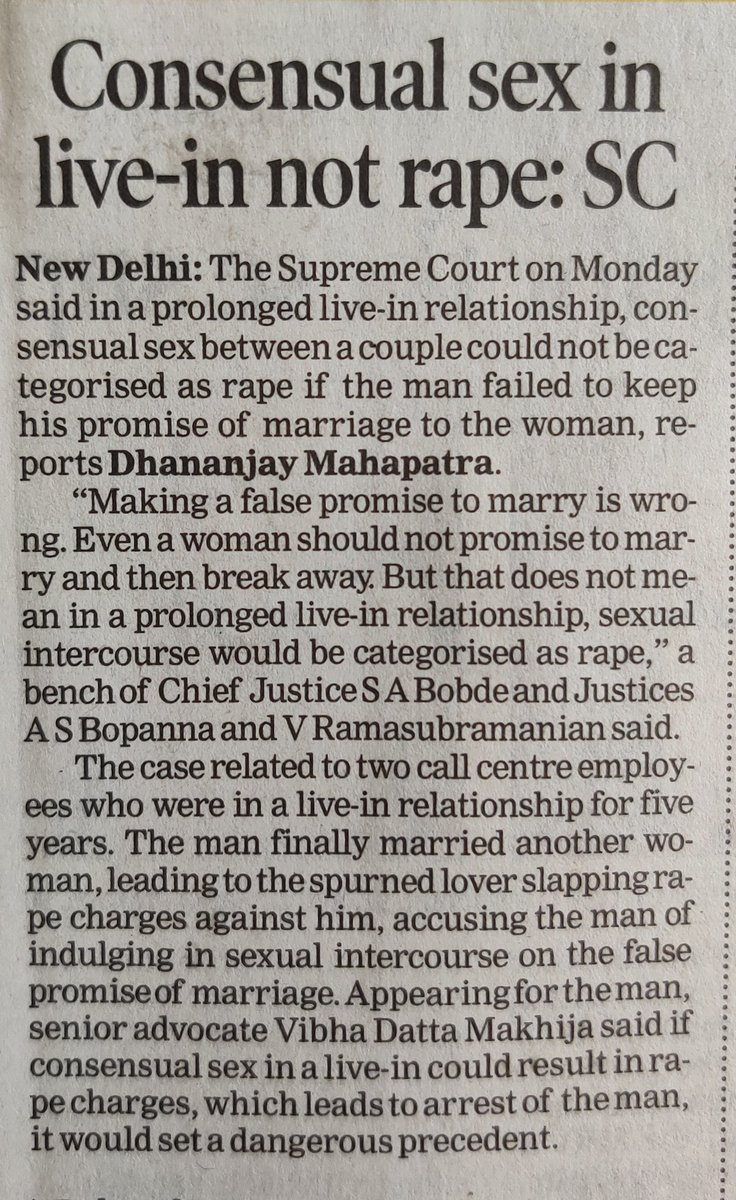 atulaynehra's tweet photo. #goodmorning #india #supremecourtofindia ALERT !!! For all those #spurned #partners #lovers who are planning to file false #rape #sexualharrament accusations on your partner, plan something else as #cheating on pretext of #marriage allegations will not #help. #timesofindia https://t.co/aUuTc3OGWd
