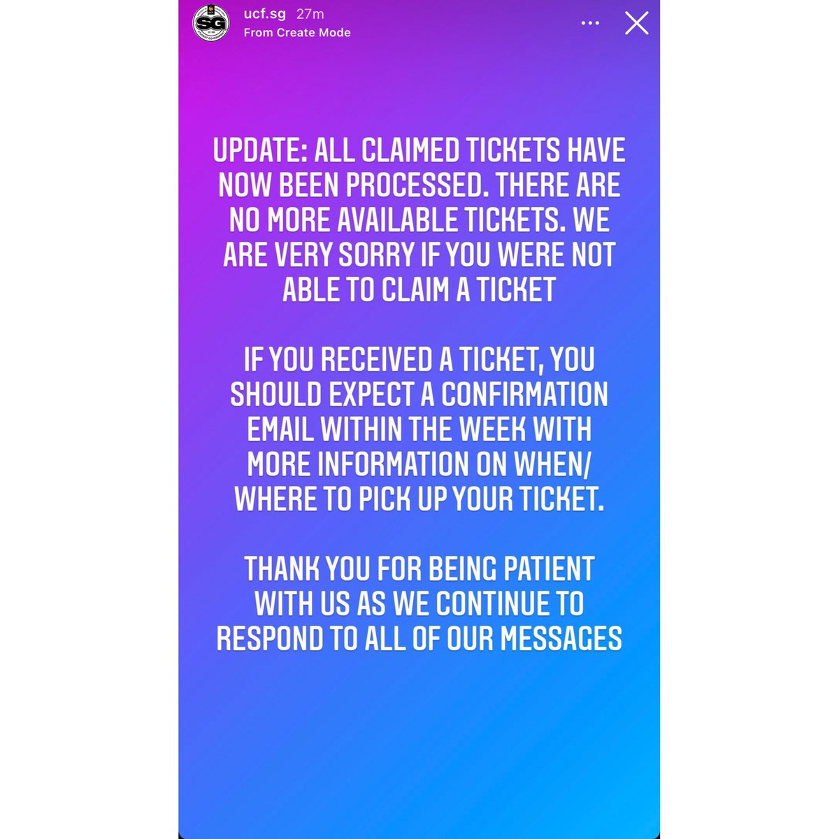 UCFKnightNews's tweet photo. #UCF SG says all claimed tickets for #UniversalKnights have now been processed and no remaining tickets are available.
@UCFSG says an email will be sent within the week to those who were able to claim a ticket on future pick up information. https://t.co/b9VrVIPbqO