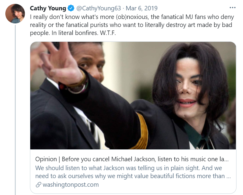 Next up we have <a href="/CathyYoung63/">Cathy Young 🇺🇸🇺🇦🇮🇱</a>

WA allegations: What a load of "junk"

MJ allegations: "Reality"

Just like that, a white man is afforded the presumption of innocence, and the black man is afforded the presumption of guilt, depsite being found not guilty, 14 times, unanimously.