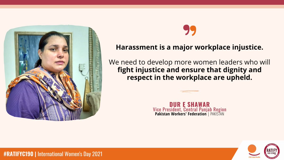 itucasiapacific's tweet photo. Women workers across Asia Pacific are raising their voices vs #GBV in the workplace. GBV adds another layer to the injustices that workers experience during their employment.

To fight GBV, we must develop more women leaders, Dur E Shawar of @WorkersPakistan said. #RatifyC190 https://t.co/iDtmwpCoMx
