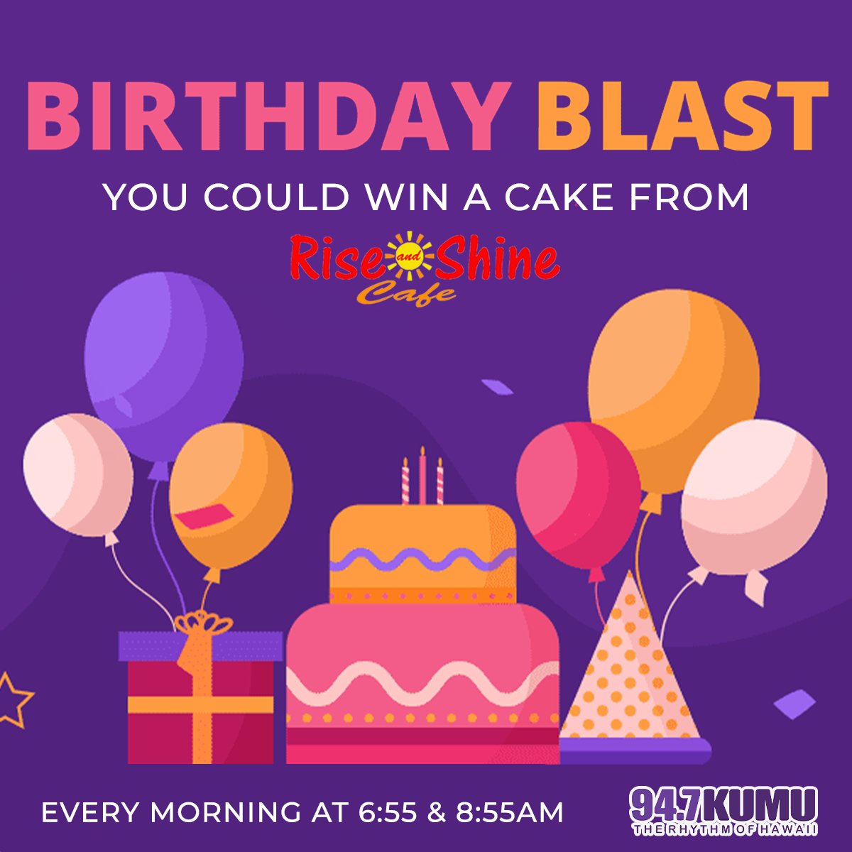 947KUMU's tweet photo. Send in a birthday shoutout for a friend or family member πEvery week someone will win a cake from Rise and Shine Cafe to gift to the celebrant. Go to https://t.co/zuFGV0dTfS or the link in our IG bio to submit!
#947KUMU #SupportLocalWinners #LocalWinners #KUMUBirthdayBlast https://t.co/nS4Eq3st8p