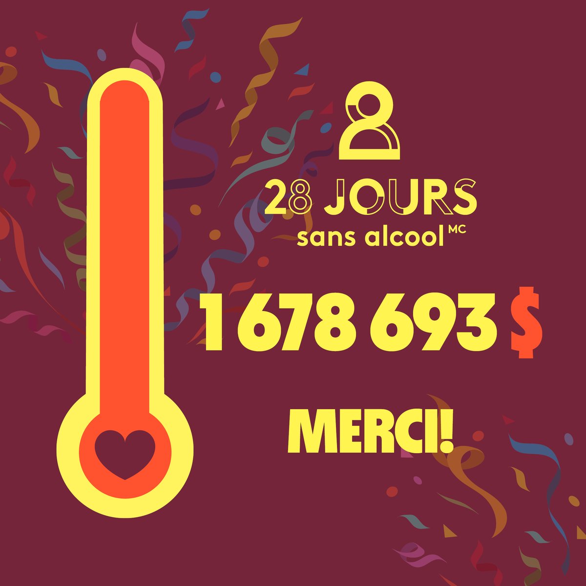 🤩 1 678 693 mercis 🤩 
La 8e édition du Défi 28 jours sans alcool est une année record grâce à vous, votre énergie et votre engagement. Plus de 33 500 participants, parrains et donateurs ont fait rayonner le Défi à travers le Québec.  
❤️ ❤️ ❤️