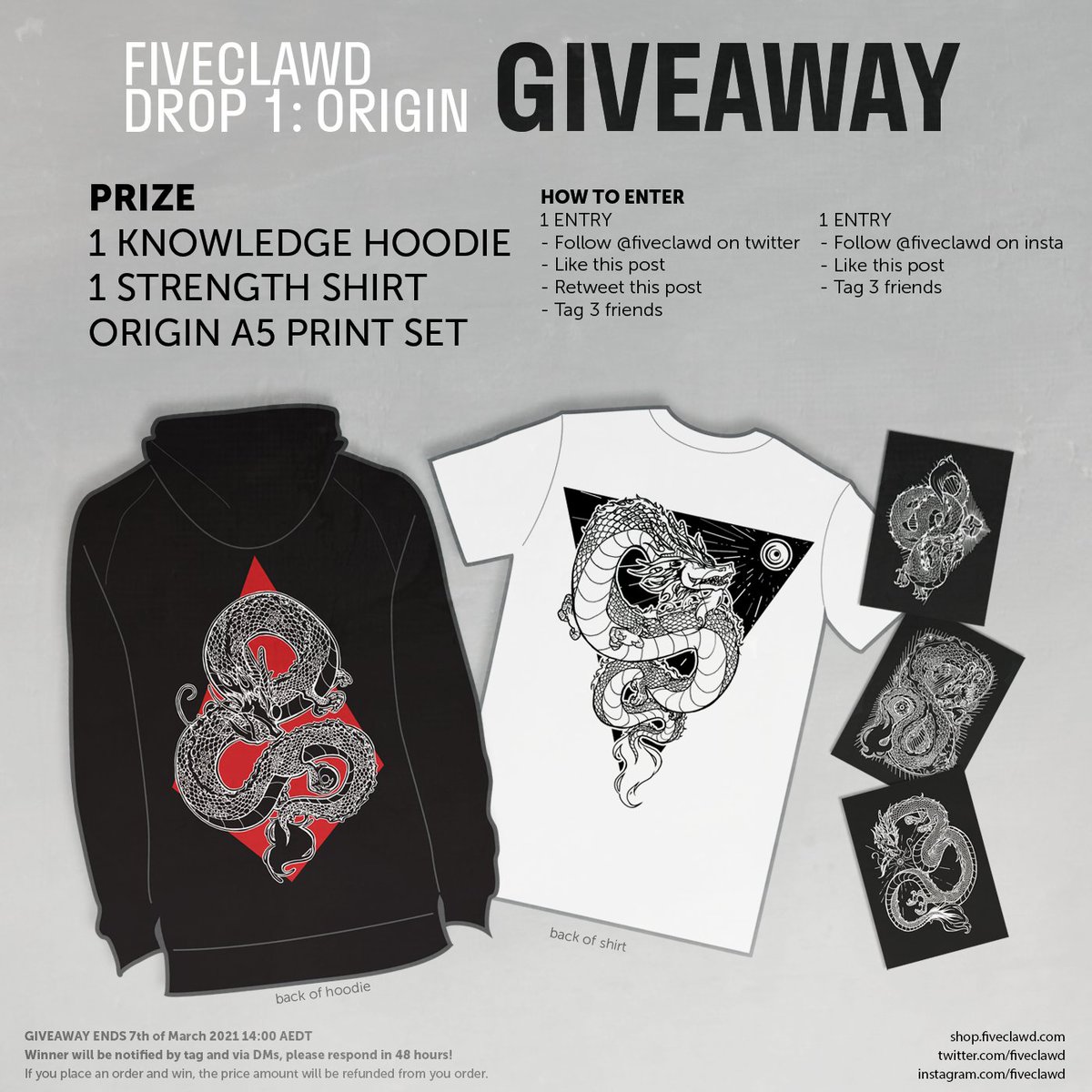 FiveClawD's tweet photo. BRAND LAUNCH GIVEAWAY

FIVECLAWD DROP 1: ORIGIN

Rules:
- follow @FiveClawD 
- like this post
- retweet this post
- tag 3 friends in the replies

1 random winner gets:
- 1 Knowledge Hoodie
- 1 Strength Shirt
- Origin A5 Print Set

Ends 7th of March 2021 14:00 AEDT https://t.co/N1xysYlfab