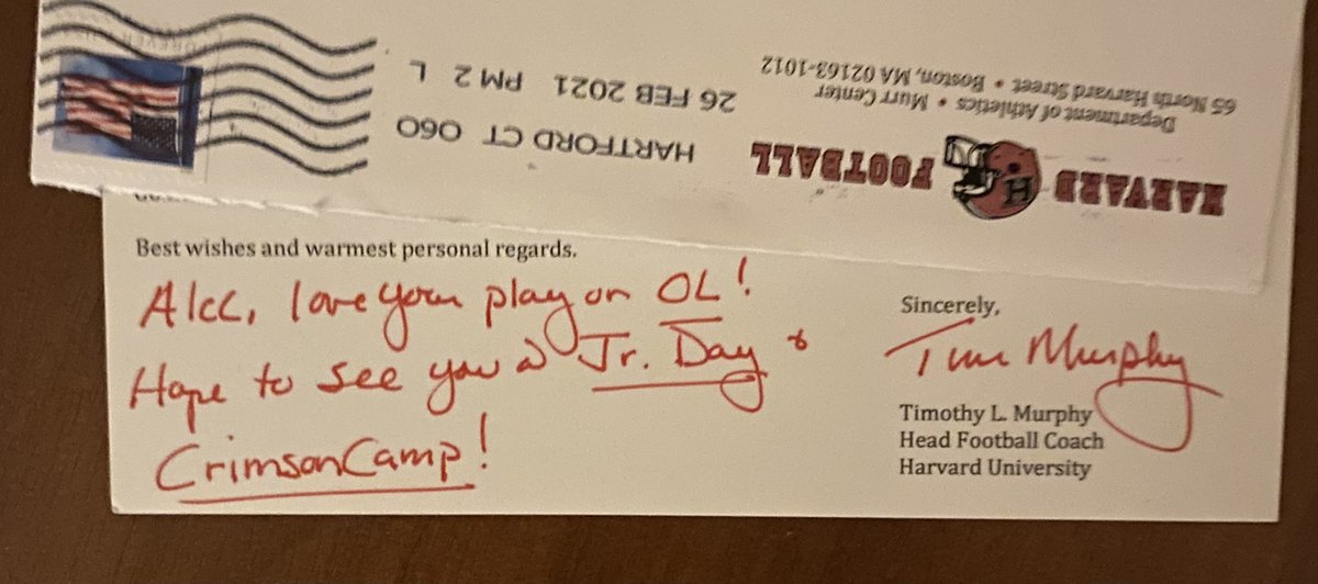 Thanks <a href="/CoachTimMurphy/">Tim Murphy</a> for the letter, I appreciate it! <a href="/MicFein/">Mickey Fein</a> <a href="/HarvardFootball/">Harvard Football</a>