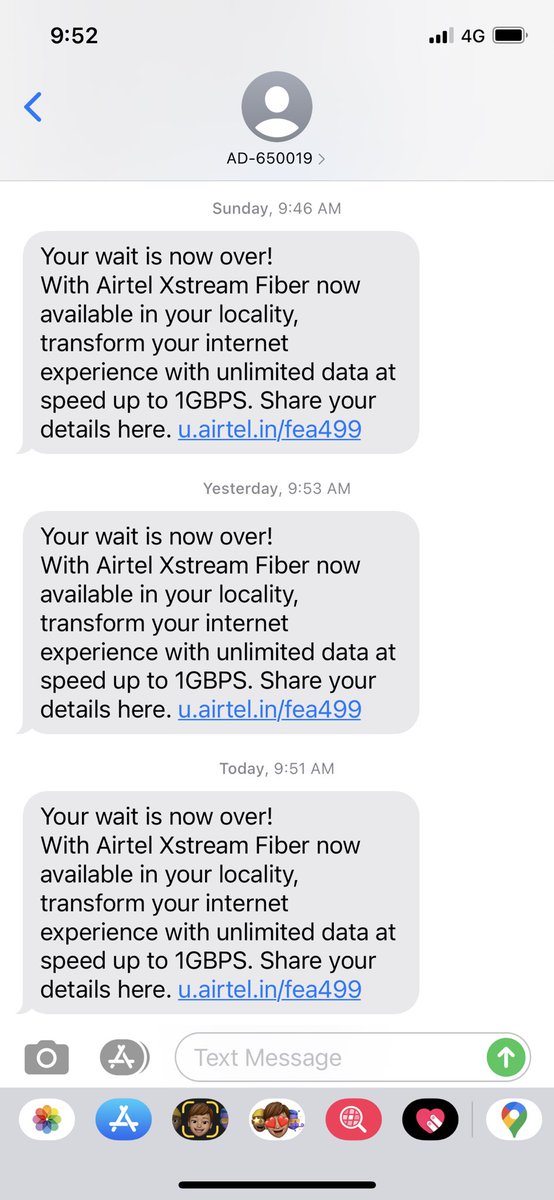 sujoybhatia's tweet photo. @airtelindia sending me a text message every day to take a Fibre connection when I already have a Fibre connection is the easiest way for me to ask @reliancejio to give me a Fibre connection instead. https://t.co/blCl7ruPhS