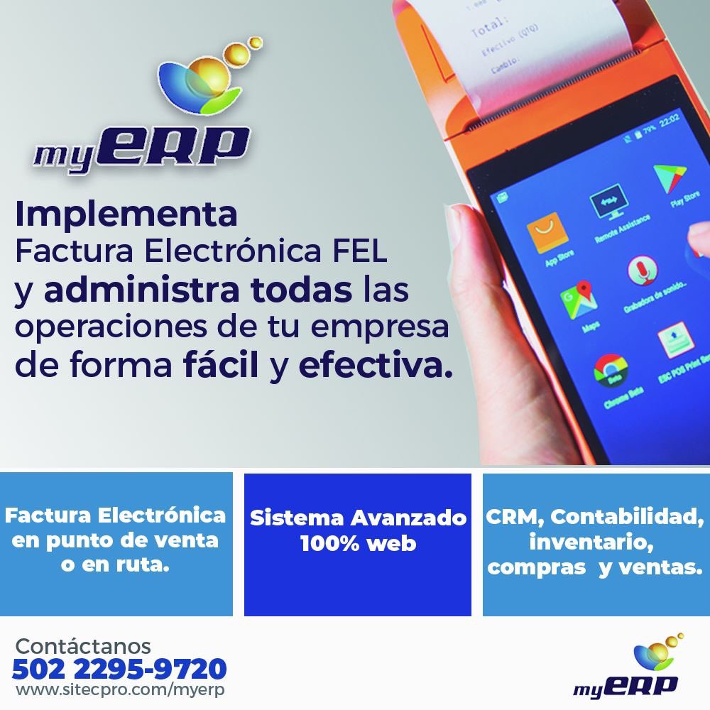 SitecproG's tweet photo. -Implementa Factura electrónica FEL 
desde el punto  de venta y en Ruta.

-Maneja todas las operaciones de tu empresa de forma fácil y eficiente, en un sistema 100% Web intuitivo y amigable.

MyERP y MyERP Compacto.

-CRM
-Inventarios
-Compras y Ventas
-Sistema 100% web https://t.co/L0iaD2gyg9