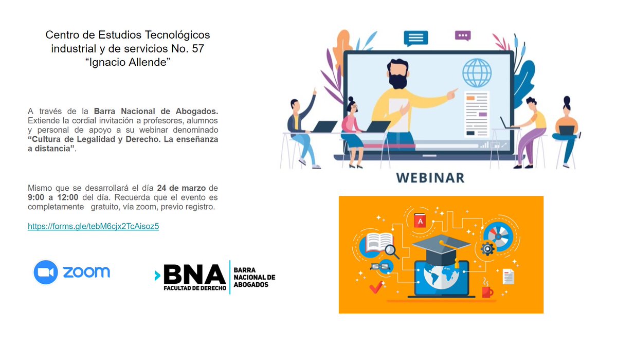 CETIs57's tweet photo. La Barra Nacional de Abogados extiende la cordial invitación a profesores, alumnos y personal de apoyo #CETIs57 a su webinar denominado “Cultura de Legalidad y Derecho. La enseñanza a distancia”.
https://t.co/Sy0E2Xc7ng https://t.co/yU2kQ3s7wv