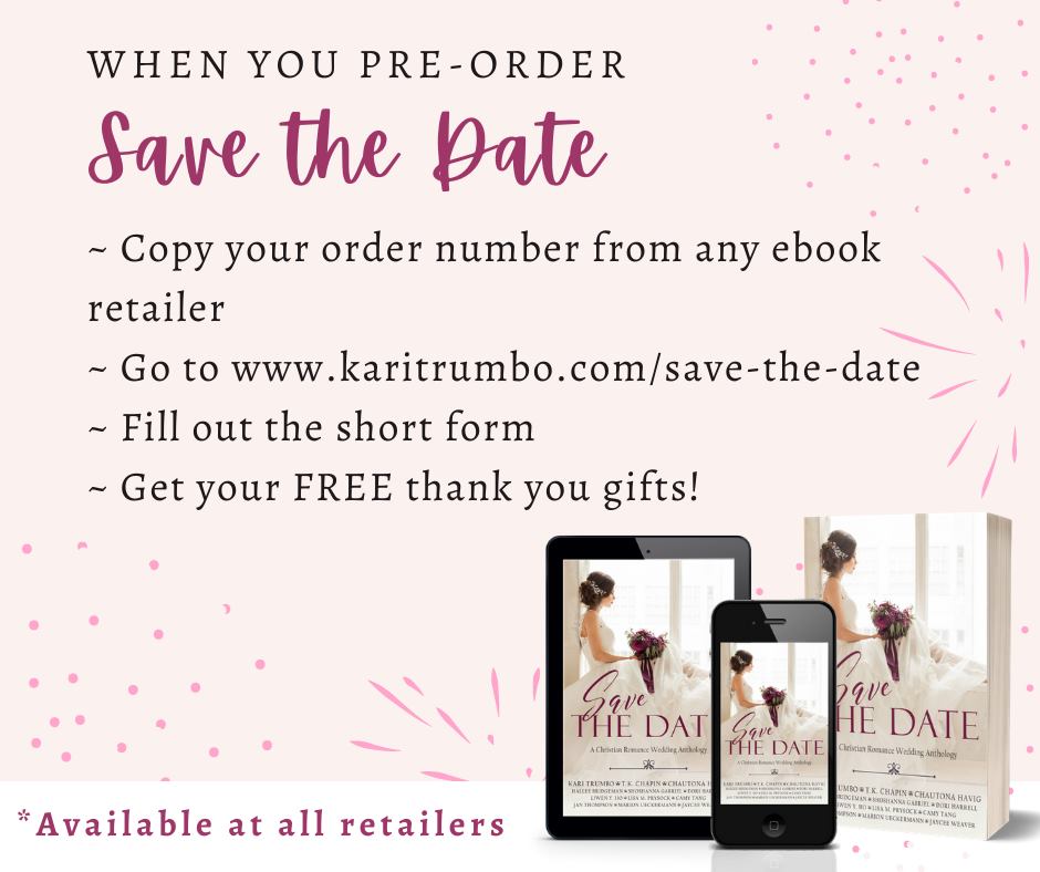 The authors of Save the Date want to thank you for pre-ordering our anthology!
Just copy your order number from any ebook retailer, go to karitrumbo.com/save-the-date/, fill out the form &amp; get your FREE gifts!
Save the Date is available for $0.99: books2read.com/savethedateant…