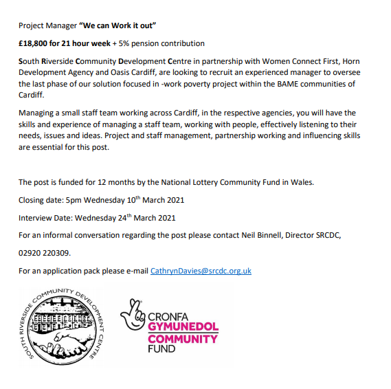 ***********VACANCY ALERT******************
<a href="/Women_CF/">Women Connect First</a> <a href="/HelenJEdge/">Helen €dge</a> <a href="/goodfoodcardiff/">Food Cardiff | Bwyd Caerdydd</a> <a href="/TNLComFundWales/">The National Lottery Community Fund Cymru</a> @Grange_Pavilion <a href="/WCWIOCardiff/">We Can Work It Out Project - Cardiff</a> <a href="/OasisCDF/">Oasis Cardiff 🧡</a> <a href="/hdacardiff/">HDA</a> <a href="/C3SC/">Cardiff Third Sector Council (C3SC)</a> <a href="/RiverProject/">The River Music Project</a> <a href="/TidyRiverside/">Keep Riverside Tidy</a> <a href="/AllWalesEYST/">EYST All Wales</a>