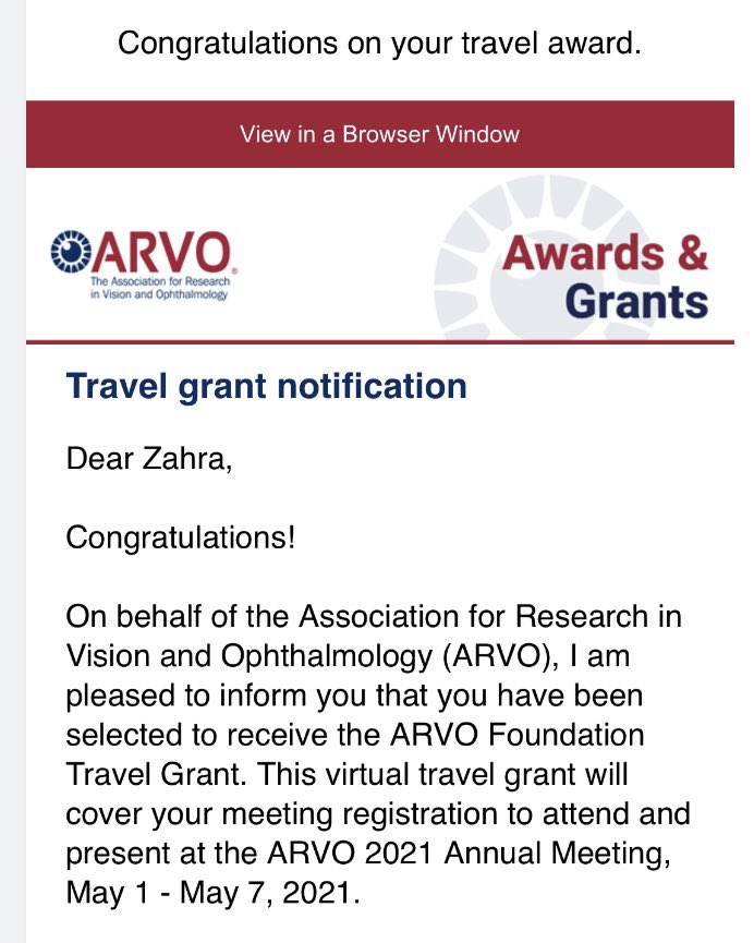 Exited to receive the ARVO Foundation Travel Grant to present my findings in #Cornea section, thanks for the wonderful opportunity #ARVO2021!