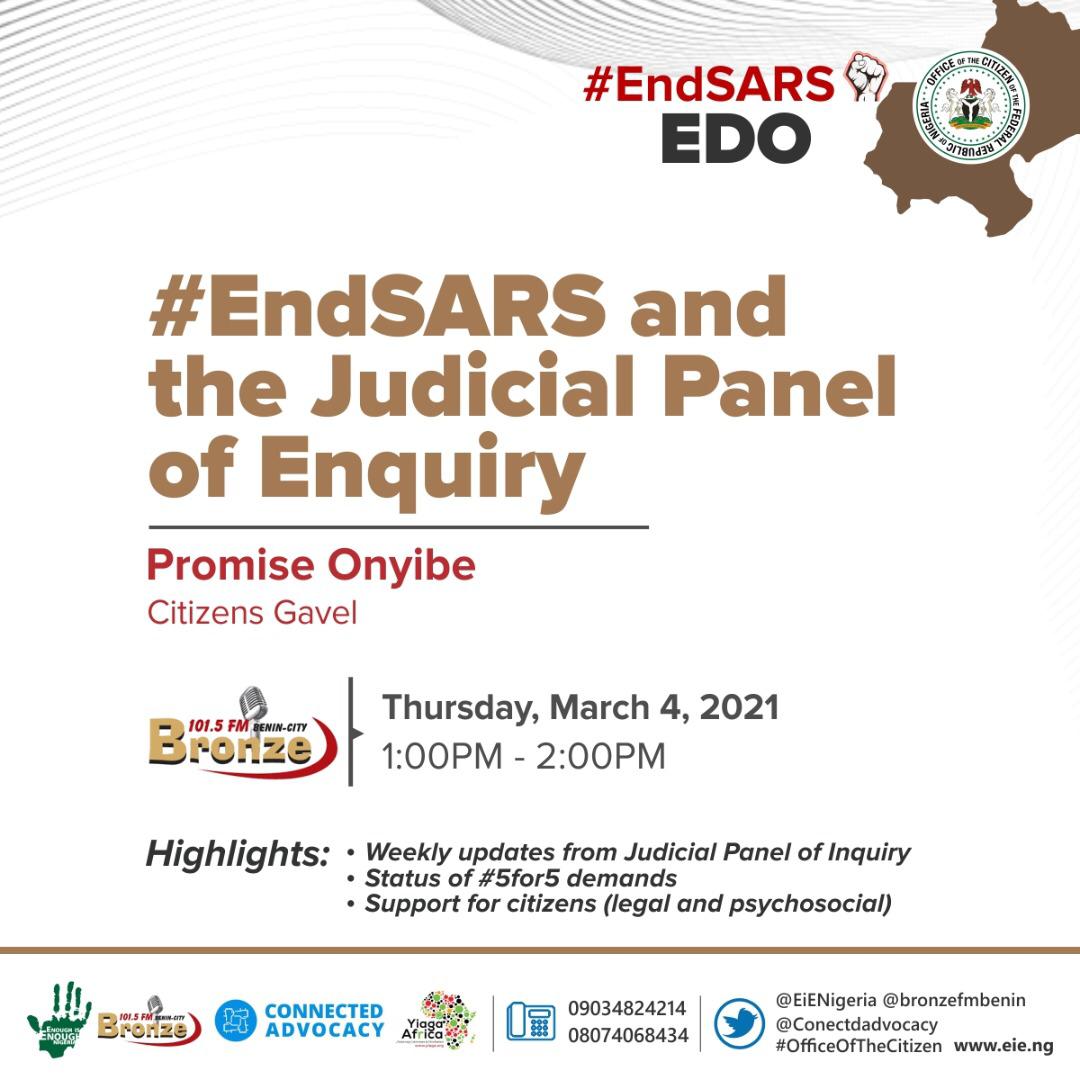 On Thursday, Promise Onyibe will share updates from the Edo State #EndSARS judicial panel of inquiry. Tune in to <a href="/bronzefmbenin/">Bronze 101.5 FM</a> at 1 pm to be a part of the conversation. Don't miss it!
#OOTCEdo 
#OfficeOfTheCitizen