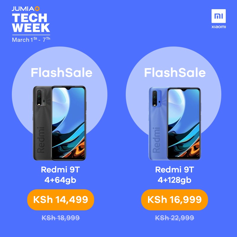 Xiaomi_Kenya's tweet photo. Today's hottest Flash Sale is going Live at 3PM. 

Keep your memories crystal clear with the #Redmi9T's 48MP AI Camera &amp; 6.53" FHD+ Display for prices as low as:

✅ 4GB+64GB @ 14,499/=
✅ 4GB+128GB @ 16,999/=

Shop on @JumiaKenya: https://t.co/ULsrCLBiP1

#XiaomiOnJumiaTechWeek https://t.co/vhMjmeeDU3