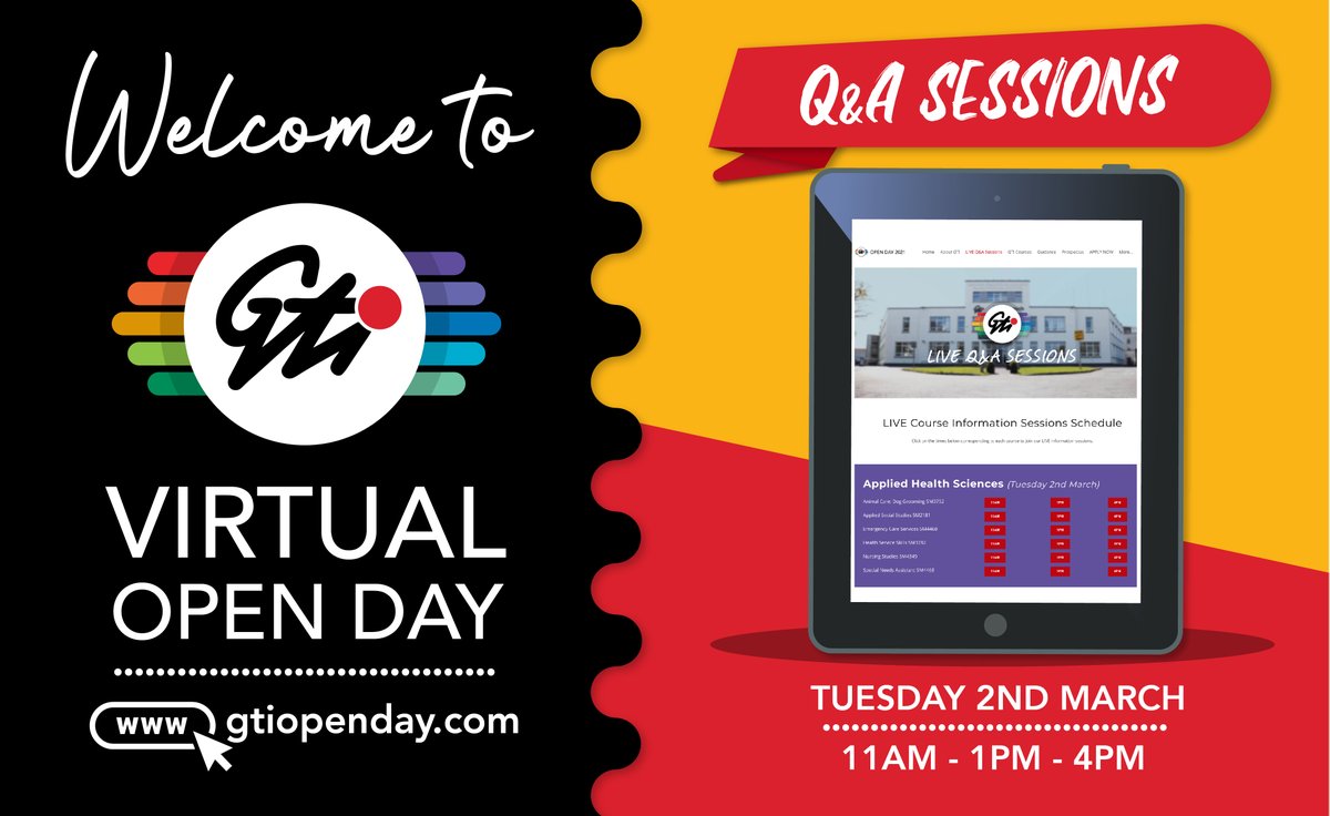 📣 WELCOME to the GTI VIRTUAL OPEN DAY📣
We are delighted to welcome everyone to our Virtual Open Day today, join us on gtiopenday.com to view student testimonials, prospectus, &amp; connect with our teachers in our LIVE Q&amp;A Zoom sessions. We look forward to meeting you all!