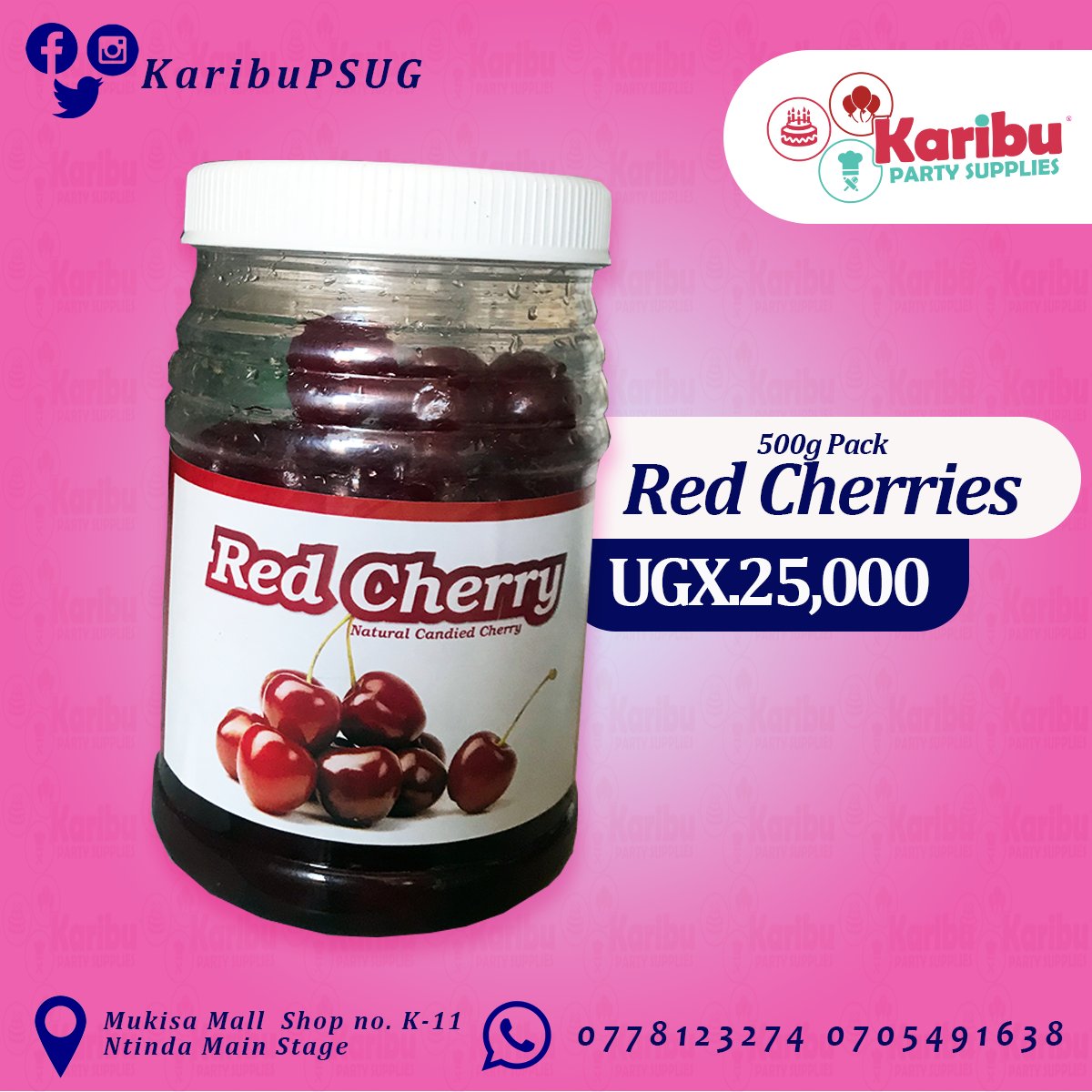 KaribuChef's tweet photo. Make Your Fruit Cake More Fruity, Tasty And Sweet With These 500g Red Cherries At UGX 25,000. Come Check us out!

Find us at Mukisa Mall K-11 (First Floor), Ntinda Stage Opposite Former DFCU Bank Call/Whatsapp 0705 491 638 0778 123 274

#fruitcake #cherries #bake #cakes #uganda https://t.co/mfTAV2VjIA