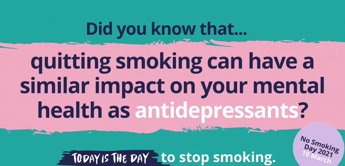 It’s #NoSmokingDay on 10 March.

This year, we’re looking at the relationship between smoking and mental health.

Did you know that quitting smoking can be as effective as taking antidepressants at lifting your mood?

#TodayIsTheDay