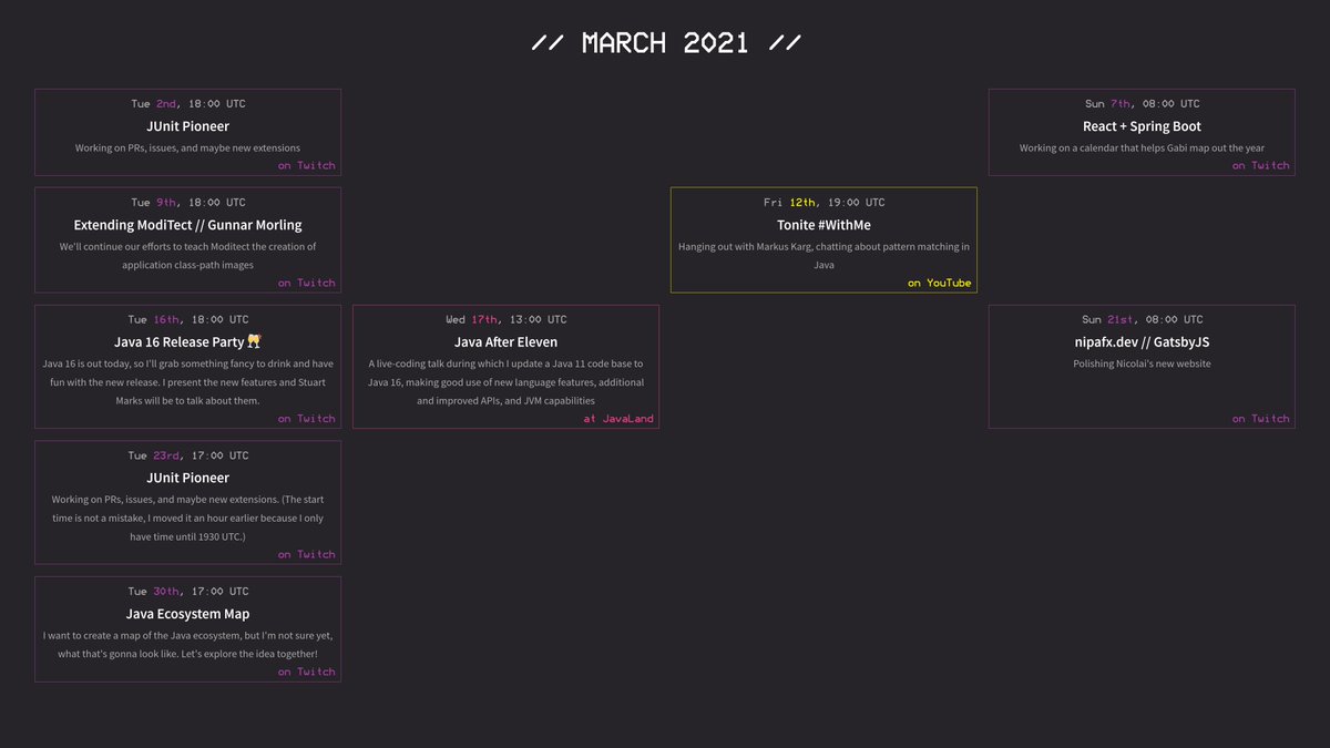 nipafx's tweet image. Busy schedule for March:

* JUnit Pioneer
* Spring Boot, React, Gatsby
* more Moditect hacking with @gunnarmorling
* #Java16 release party with @stuartmarks 🥂
* talk at @JavaLandConf
* hanging out with @mkarg

(Up-to-date version: nipafx.dev/schedule)