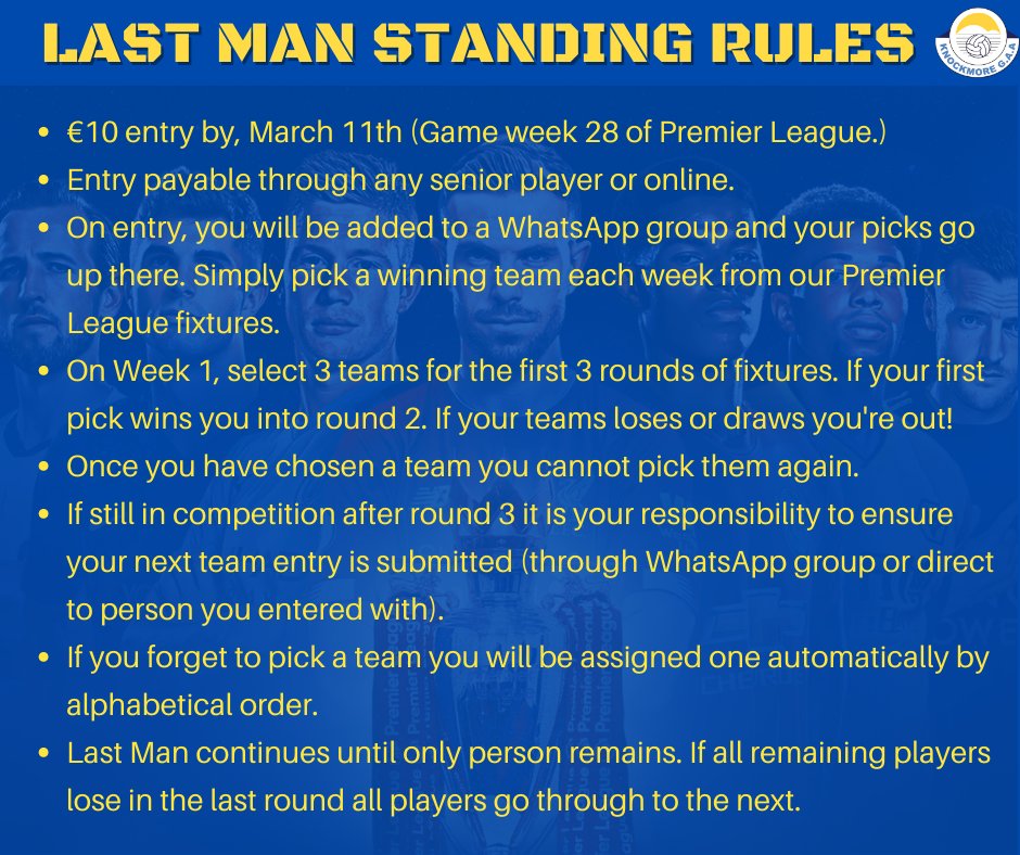 KnockmoreGAA (@gaa_knockmore) on Twitter photo Fancy winning €500? why not enter our last man standing competition. Can enter on-line or through any senior squad member <a href="/MayoGAA/">Mayo GAA</a> <a href="/RefComeOn/">Ah Ref!</a> <a href="/MayoGAABlog/">Mayo GAA Blog</a> <a href="/mayonewssport/">Mayo News - Sport</a> <a href="/GaaNorth/">North Mayo Gaa</a> <a href="/MicksGarage/">MicksGarage.com</a>
klubfunder.com/Clubs/Knockmor… Fancy winning €500? why not enter our last man standing competition. Can enter on-line or through any senior squad member <a href="/MayoGAA/">Mayo GAA</a> <a href="/RefComeOn/">Ah Ref!</a> <a href="/MayoGAABlog/">Mayo GAA Blog</a> <a href="/mayonewssport/">Mayo News - Sport</a> <a href="/GaaNorth/">North Mayo Gaa</a> <a href="/MicksGarage/">MicksGarage.com</a>
klubfunder.com/Clubs/Knockmor…