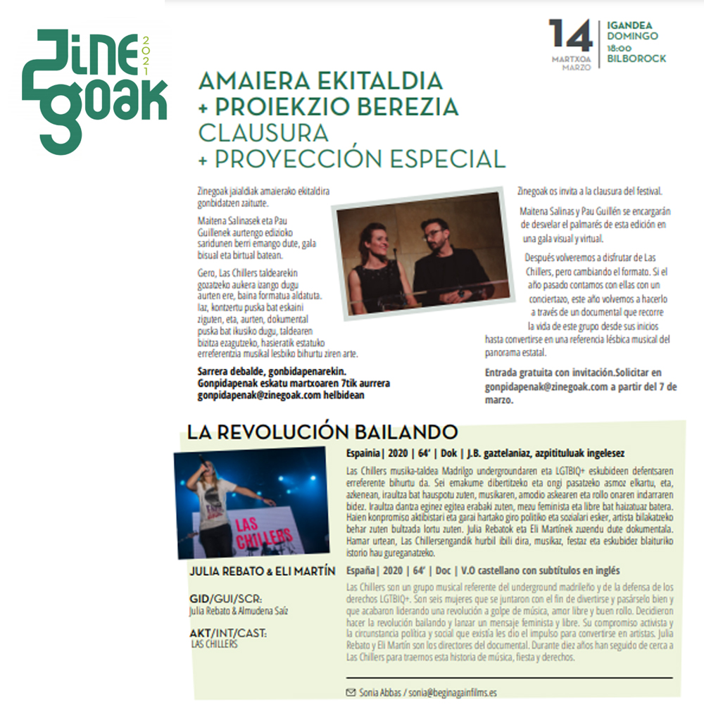 El próximo 14 de marzo, LA REVOLUCIÓN BAILANDO será la película de la Gala de Clausura en <a href="/Zinegoak/">Zinegoak</a>.
Si quieres ver este #documental sobre la historia de <a href="/LasChillers/">Las Chillers</a>, aquí te dejamos la info sobre las invitaciones: 
facebook.com/events/4886919…
#LaRevoluciónBailando