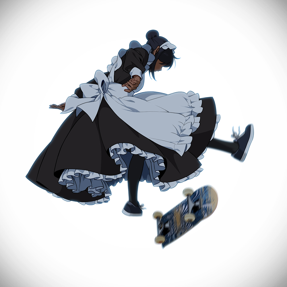 1girl maid solo maid headdress apron sneakers skateboard  illustration images