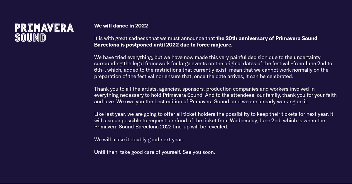 Primavera Sound We Will Make It Doubly Good In 22 Because Yes Really We Will Dance Together Again And Like Never Before More Info T Co 2niiylr44l T Co Vcqm0xhlbo Twitter